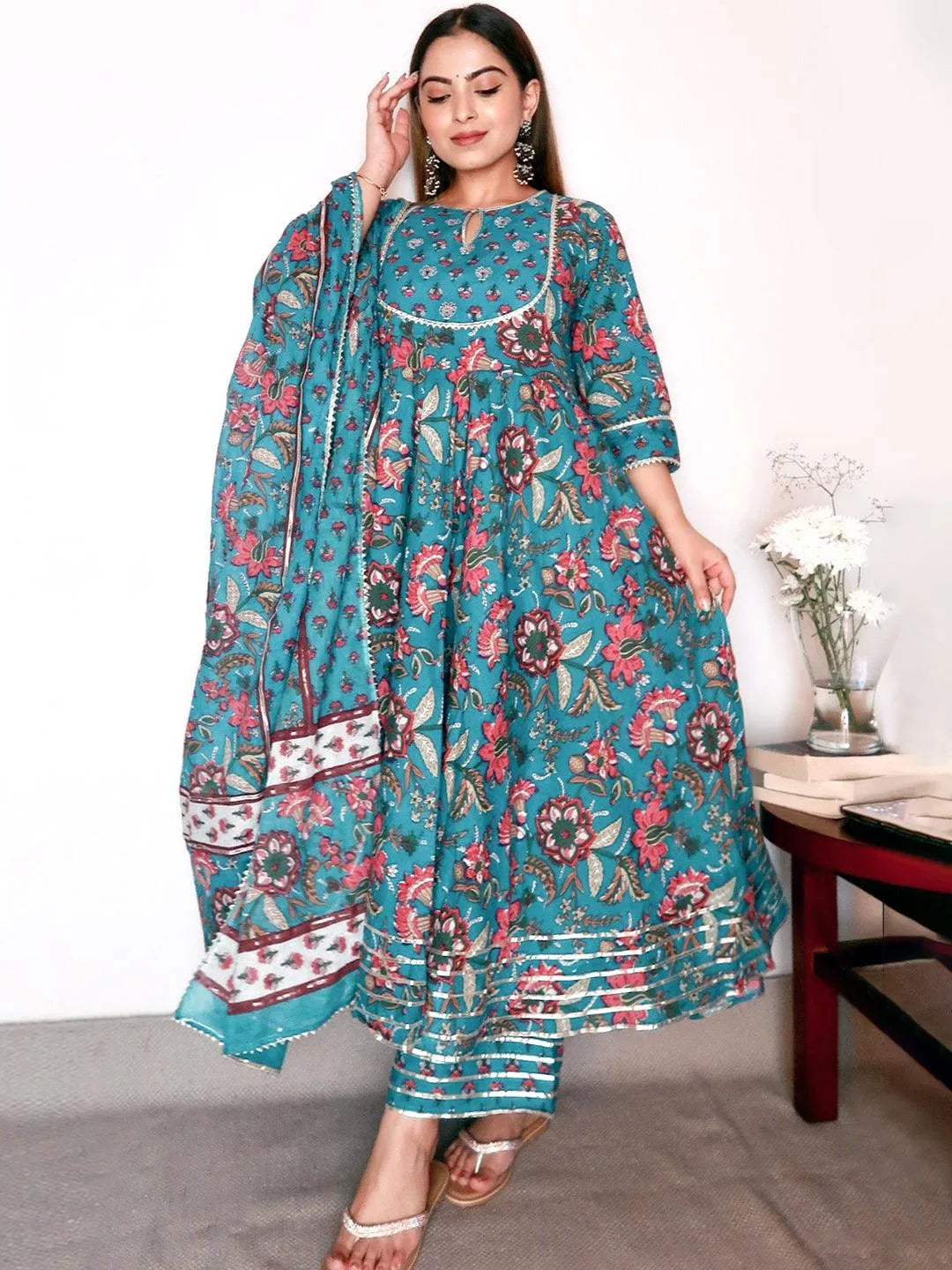 Blue Printed Cotton Suit Set - Libas 