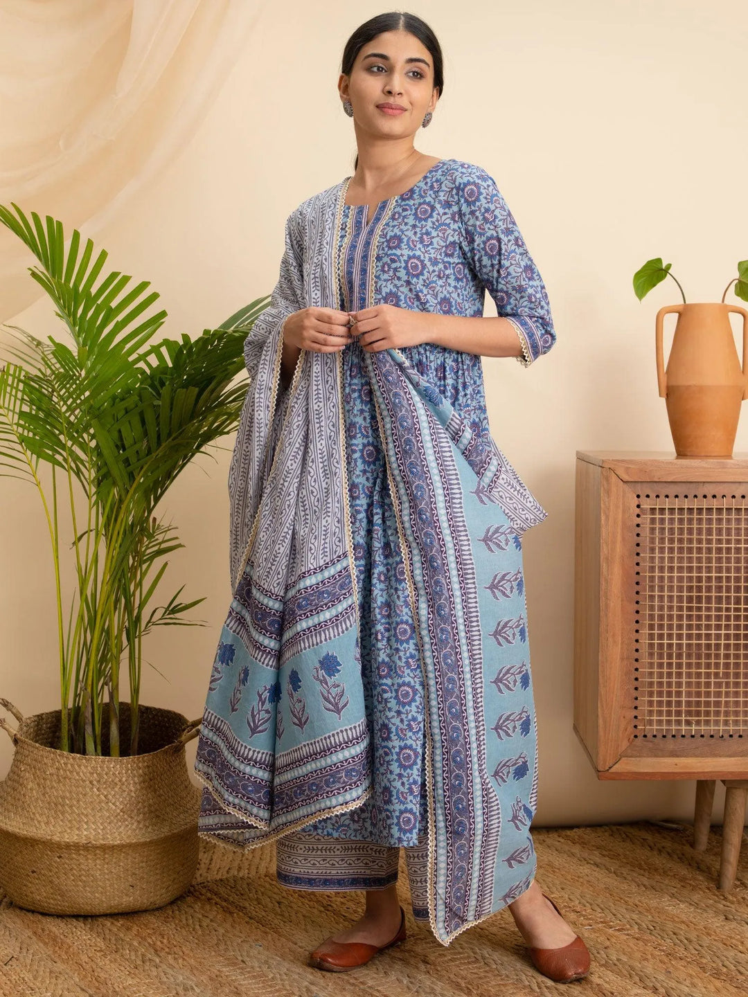 Blue Printed Cotton Suit Set - Libas