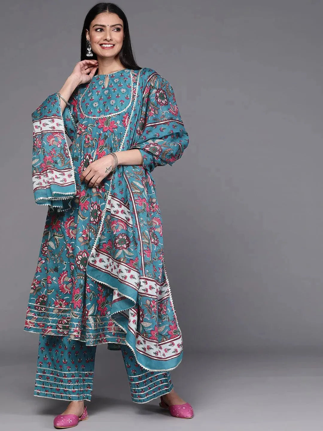 Blue Printed Cotton Suit Set - Libas 