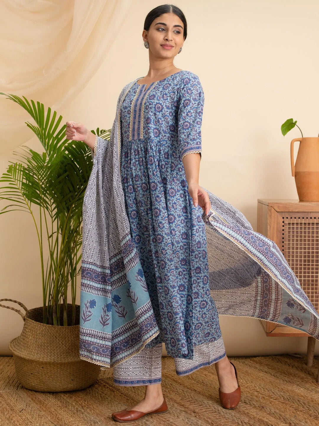 Blue Printed Cotton Suit Set - Libas 