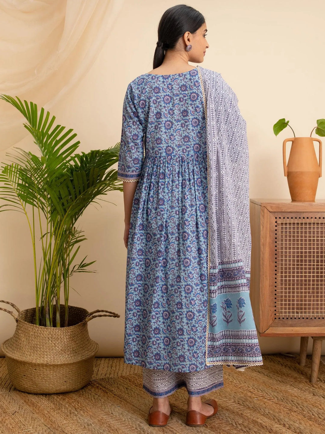 Blue Printed Cotton Suit Set - Libas 