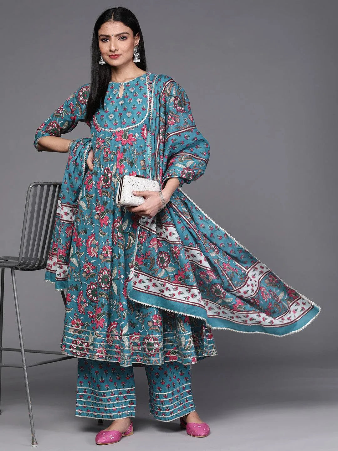 Blue Printed Cotton Suit Set - Libas 