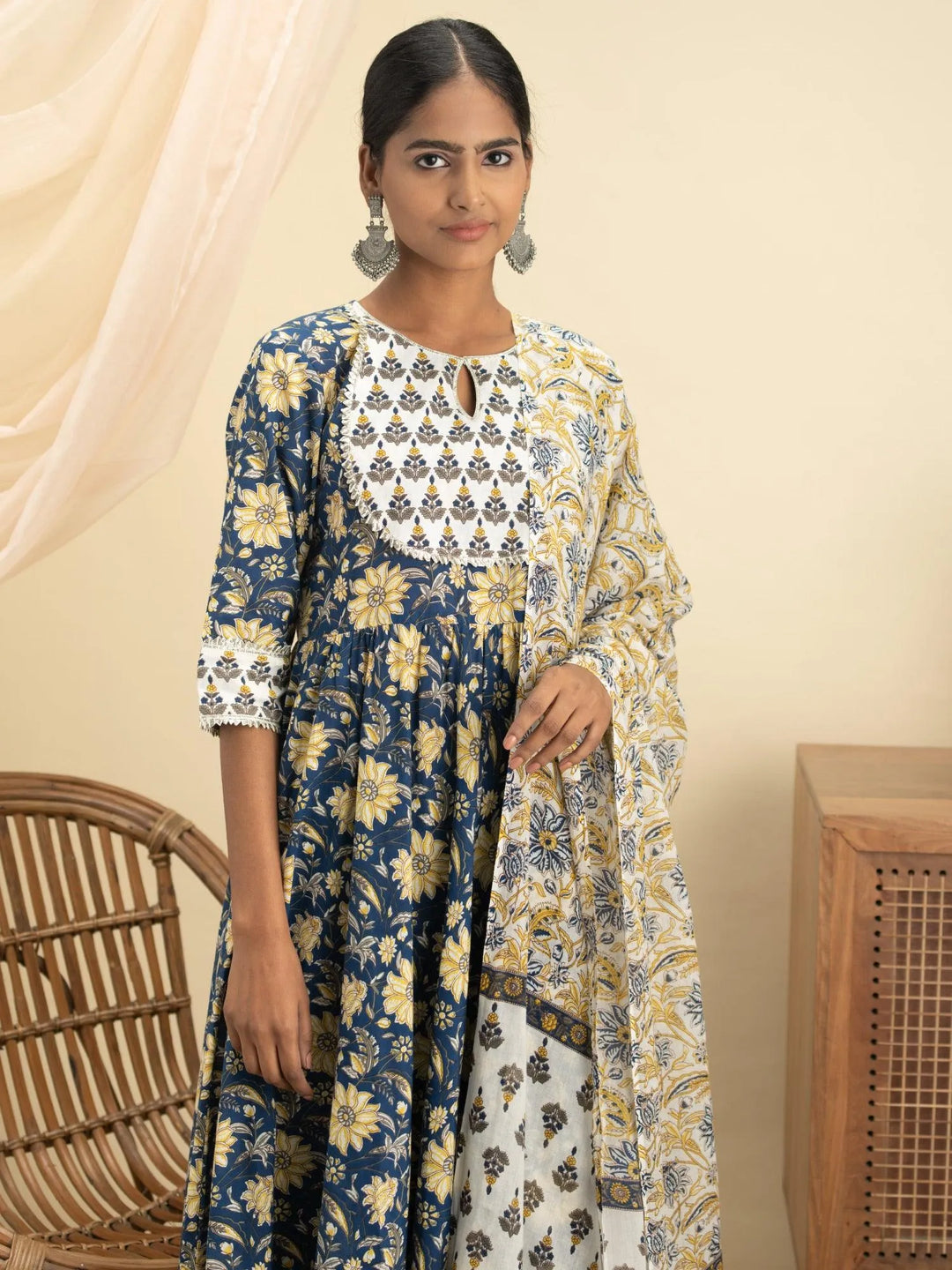 Blue Printed Cotton Suit Set - Libas 