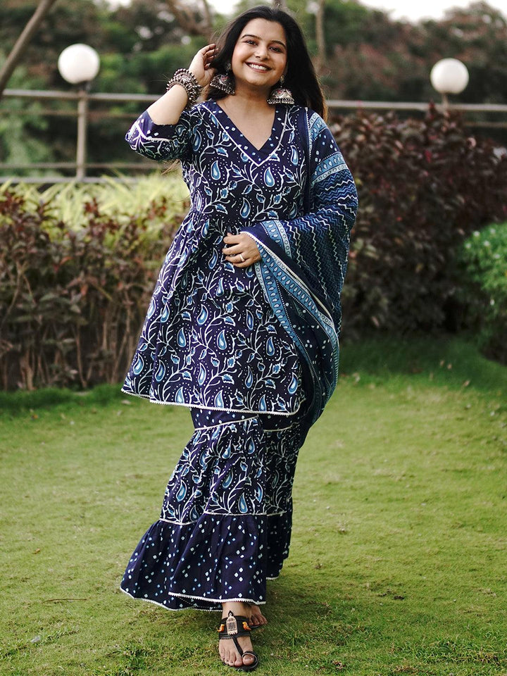 Blue Printed Cotton Anarkali Kurta With Sharara & Dupatta - Libas