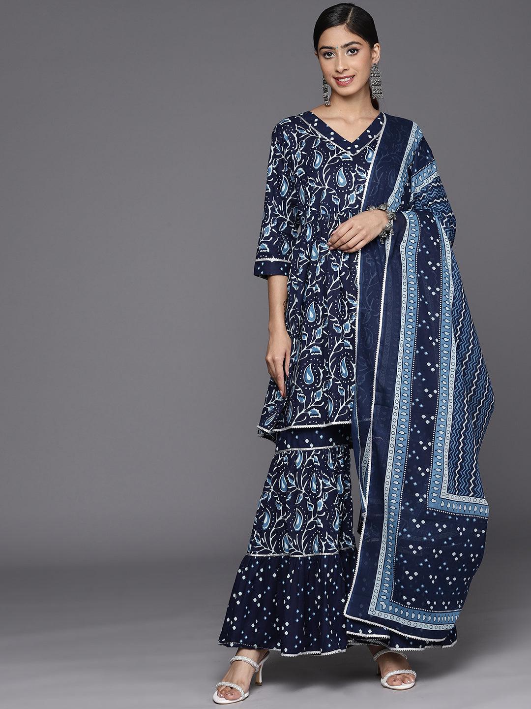 Blue Printed Cotton Anarkali Suit Set With Sharara - Libas