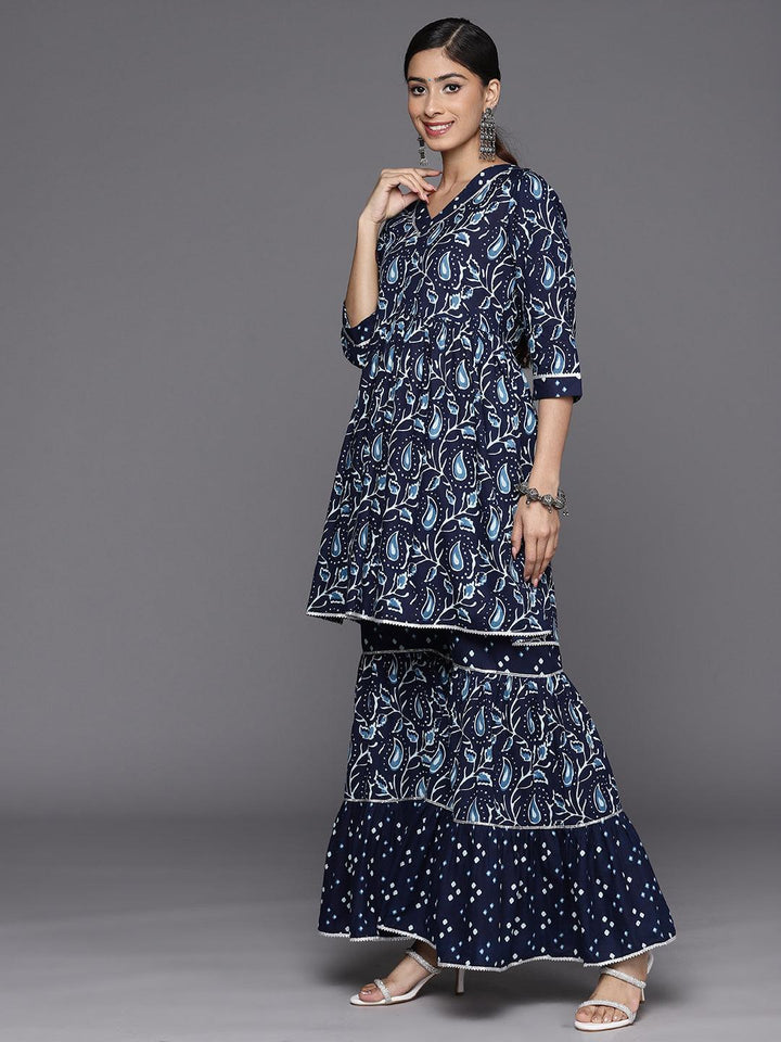 Blue Printed Cotton Anarkali Suit Set With Sharara - Libas