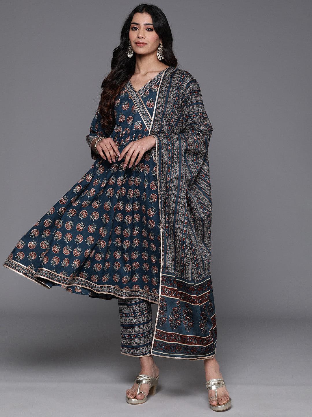 Blue Printed Cotton Anarkali Kurta With Trousers & Dupatta - Libas