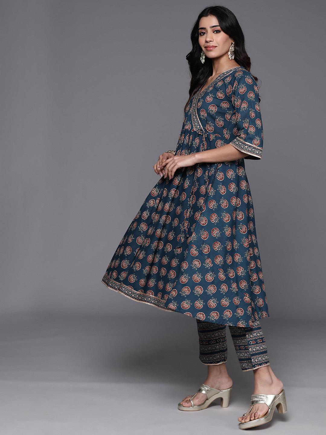 Blue Printed Cotton Anarkali Kurta With Trousers & Dupatta - Libas