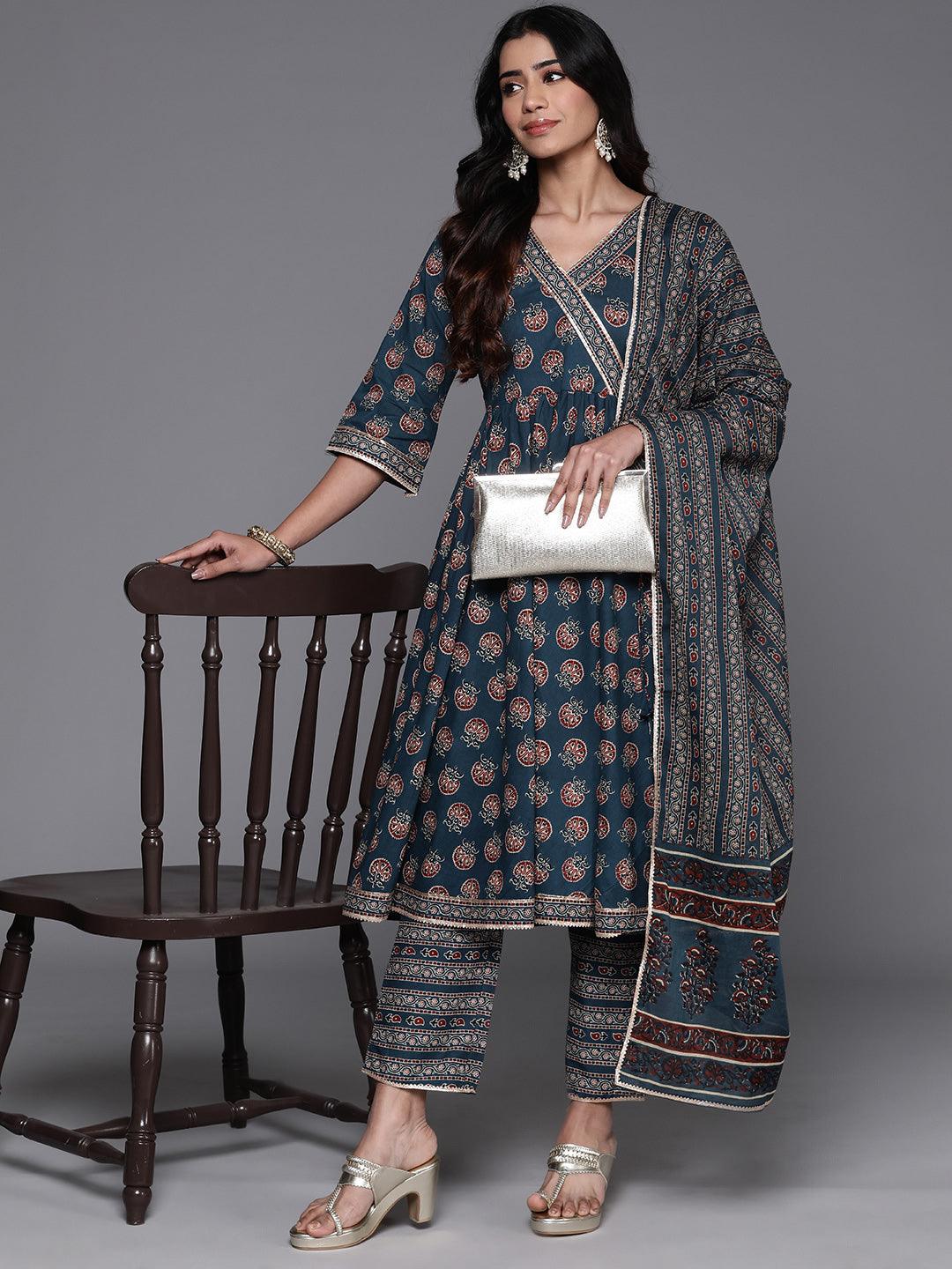 Blue Printed Cotton Anarkali Kurta With Trousers & Dupatta - Libas 