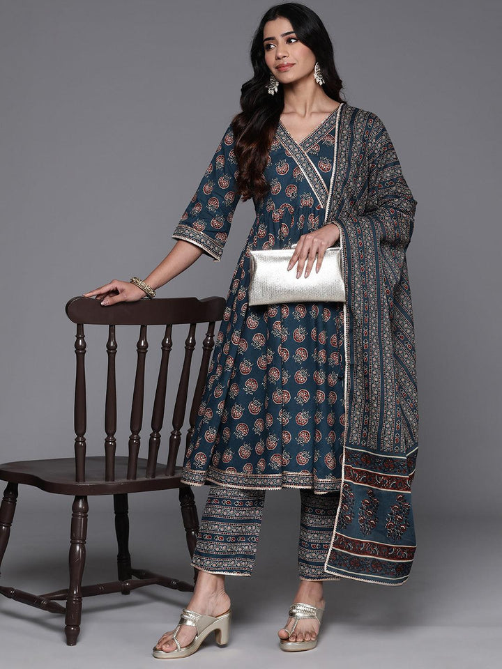 Blue Printed Cotton Anarkali Kurta With Trousers & Dupatta - Libas