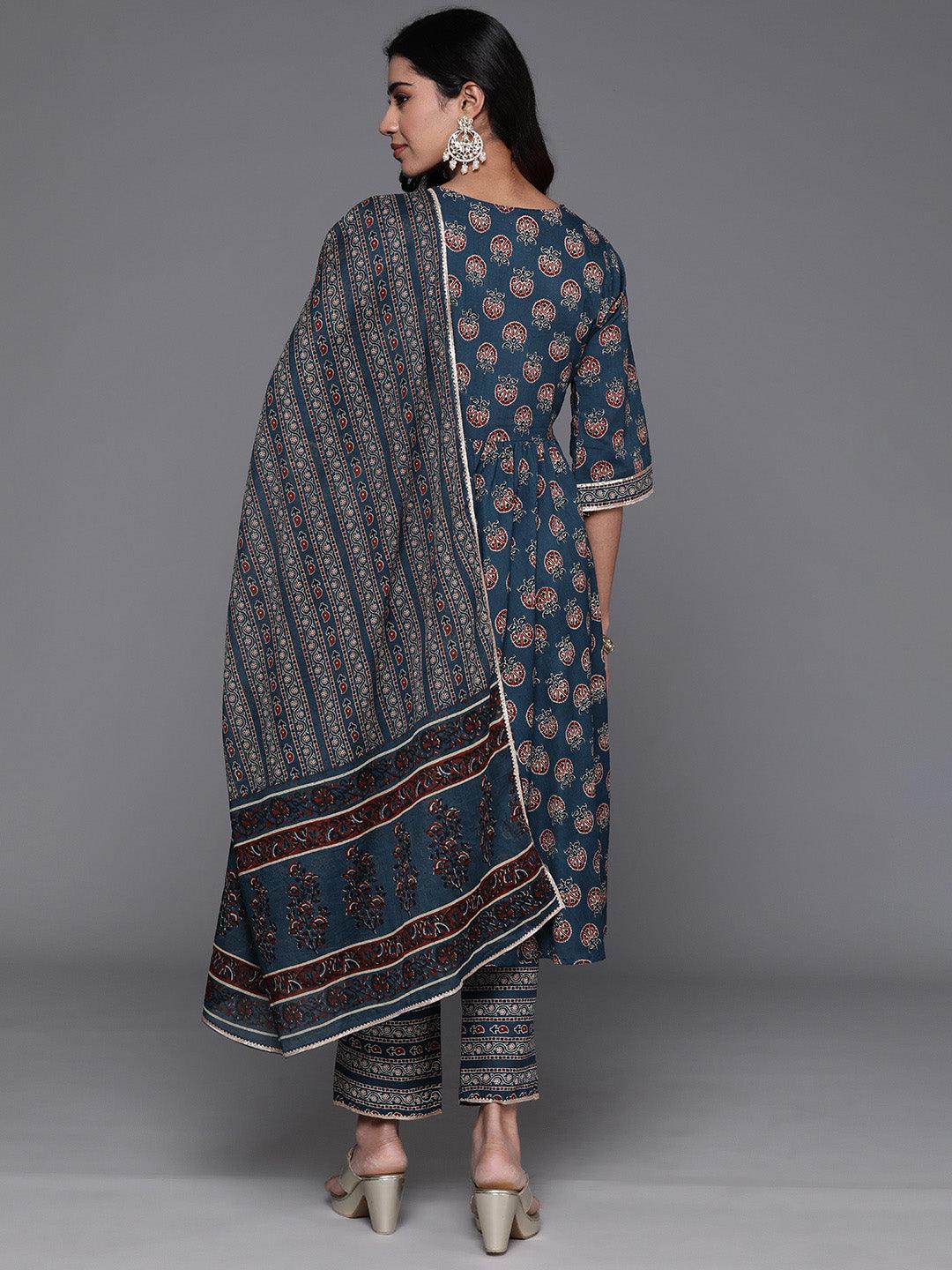 Blue Printed Cotton Anarkali Kurta With Trousers & Dupatta - Libas 