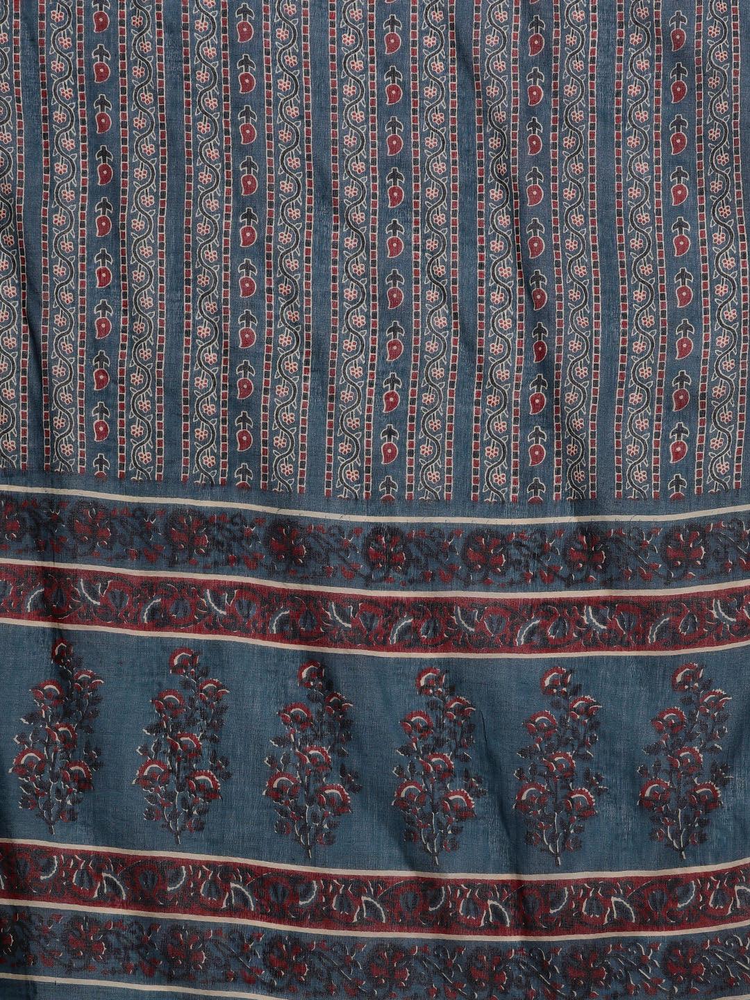 Blue Printed Cotton Anarkali Kurta With Trousers & Dupatta - Libas