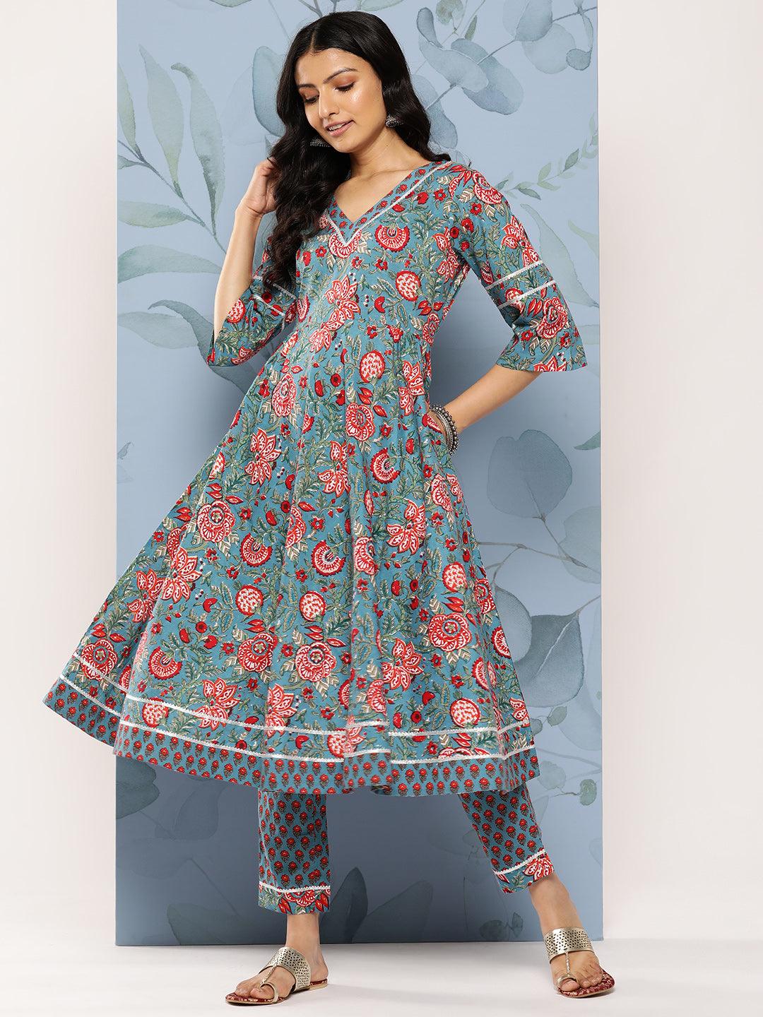 Blue Printed Cotton Anarkali Kurta Set With Trousers - Libas