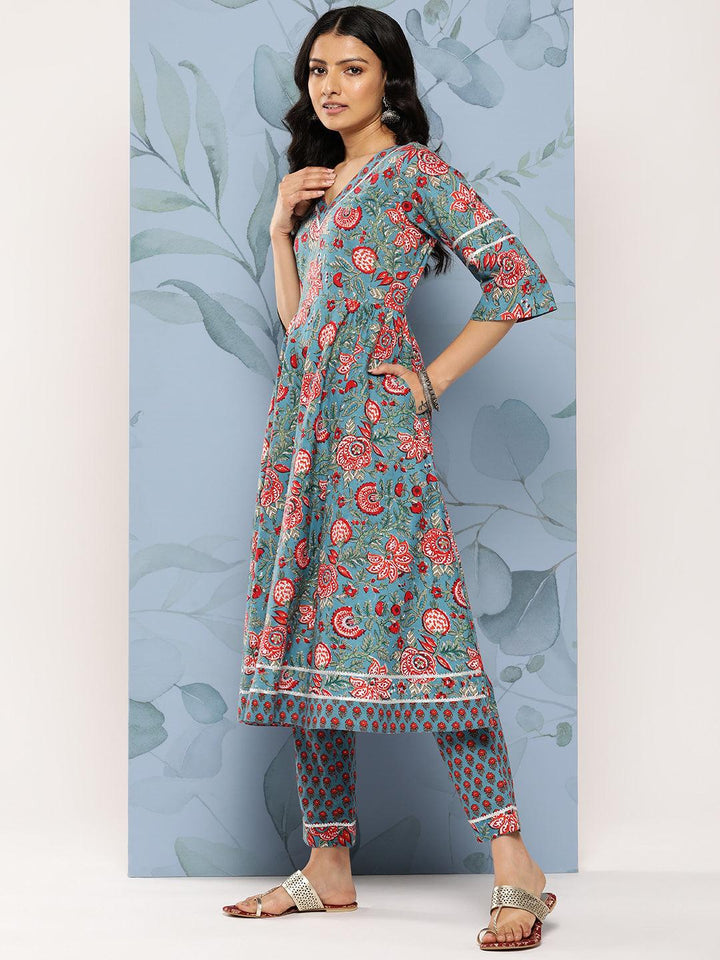 Blue Printed Cotton Anarkali Kurta Set With Trousers - Libas