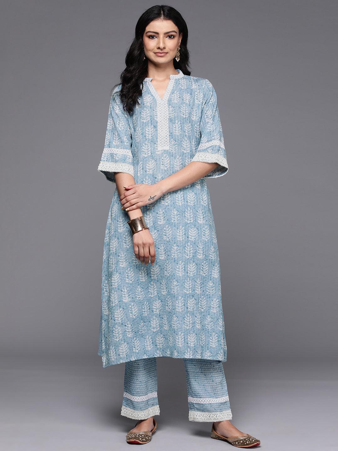 Blue Printed Cotton Blend A-Line Kurta With Trousers - Libas 