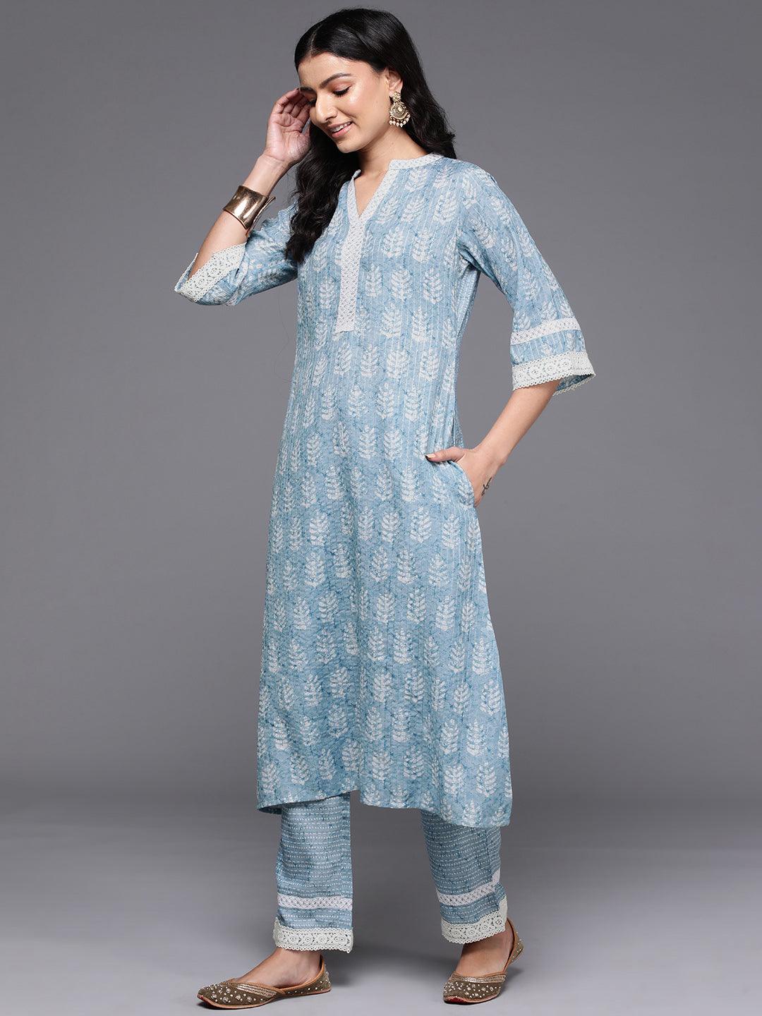 Blue Printed Cotton Blend A-Line Kurta With Trousers - Libas 