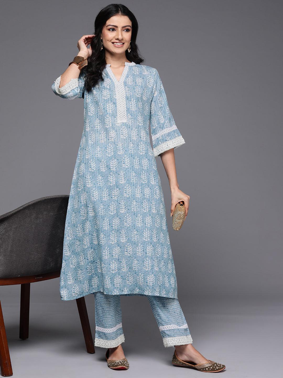 Blue Printed Cotton Blend A-Line Kurta With Trousers - Libas 