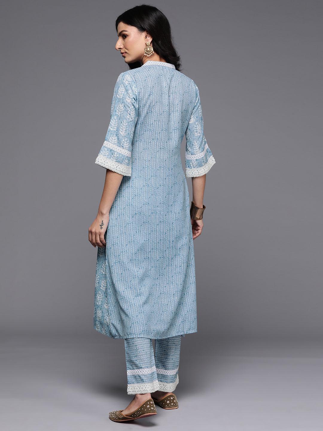 Blue Printed Cotton Blend A-Line Kurta With Trousers - Libas 