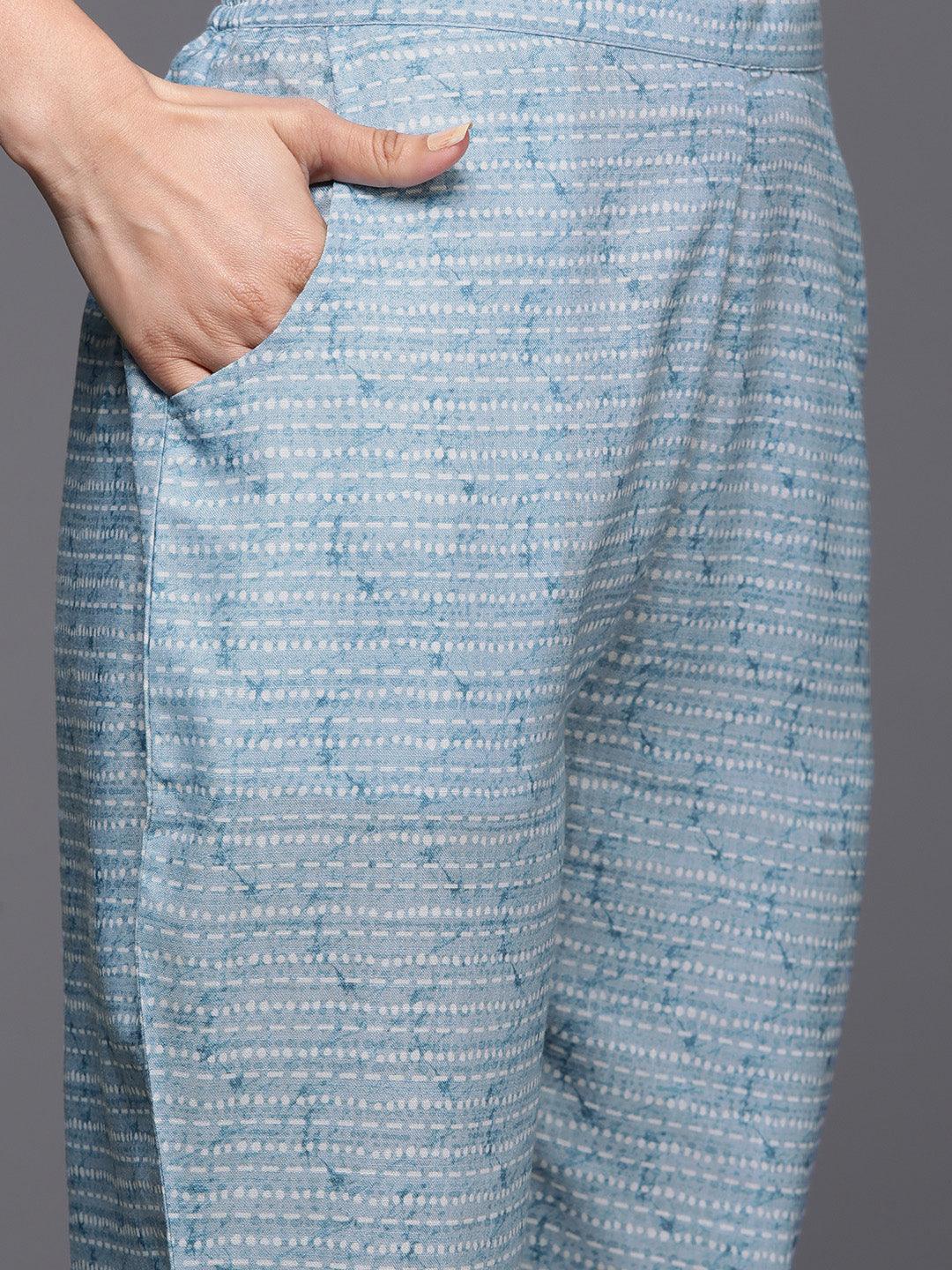 Blue Printed Cotton Blend A-Line Kurta With Trousers - Libas 