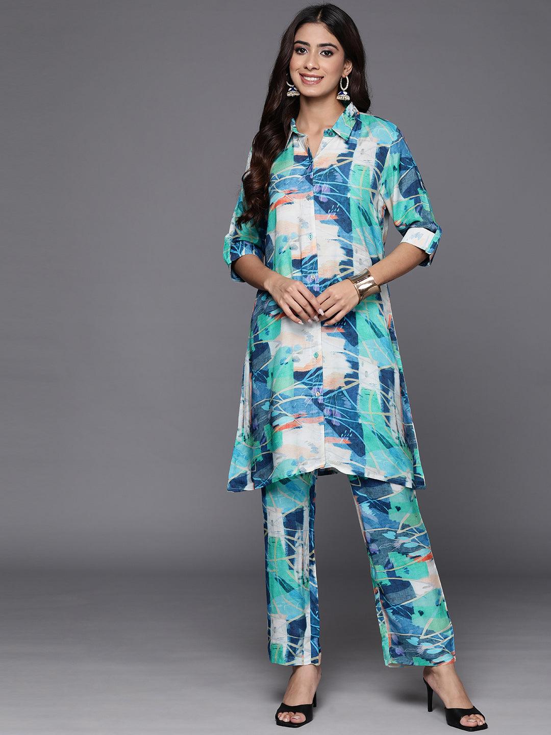 Blue Printed Cotton Blend Tunic With Palazzos - Libas 