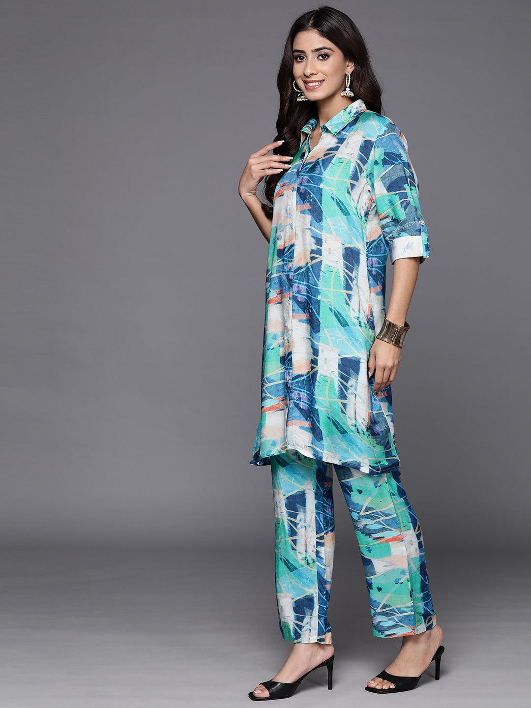 Blue Printed Cotton Blend Tunic With Palazzos - Libas 