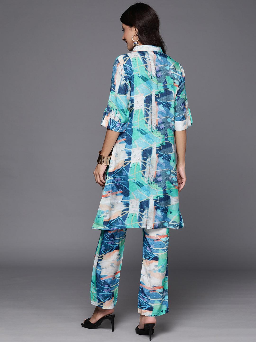 Blue Printed Cotton Blend Tunic With Palazzos - Libas 