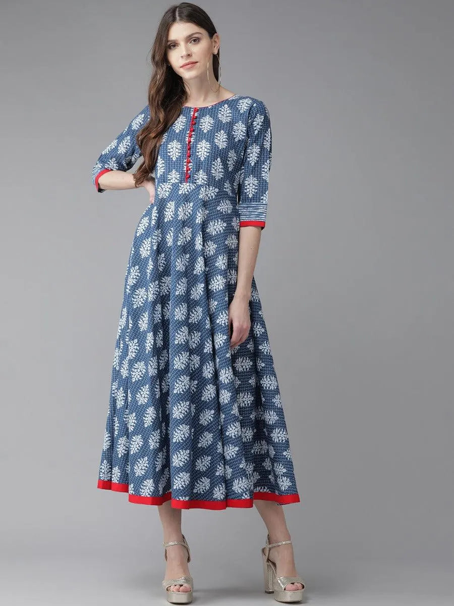 Blue Printed Cotton Dress - Libas 