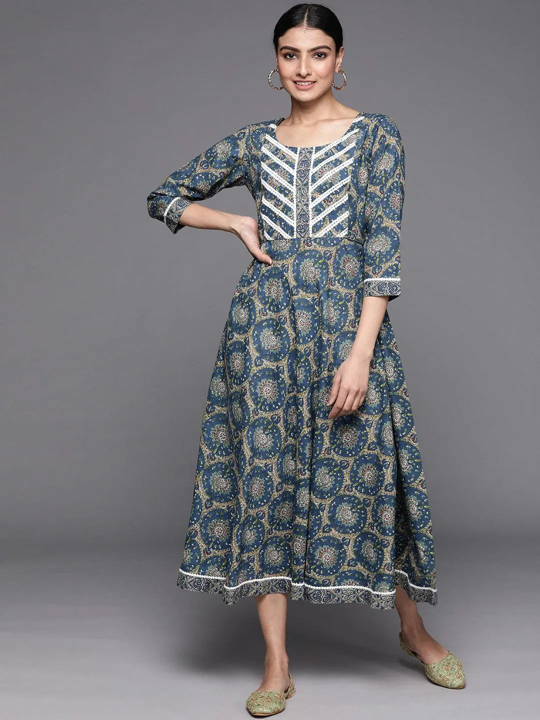 Blue Printed Cotton Dress - Libas