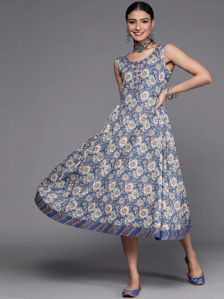 Blue Printed Cotton Dress - Libas