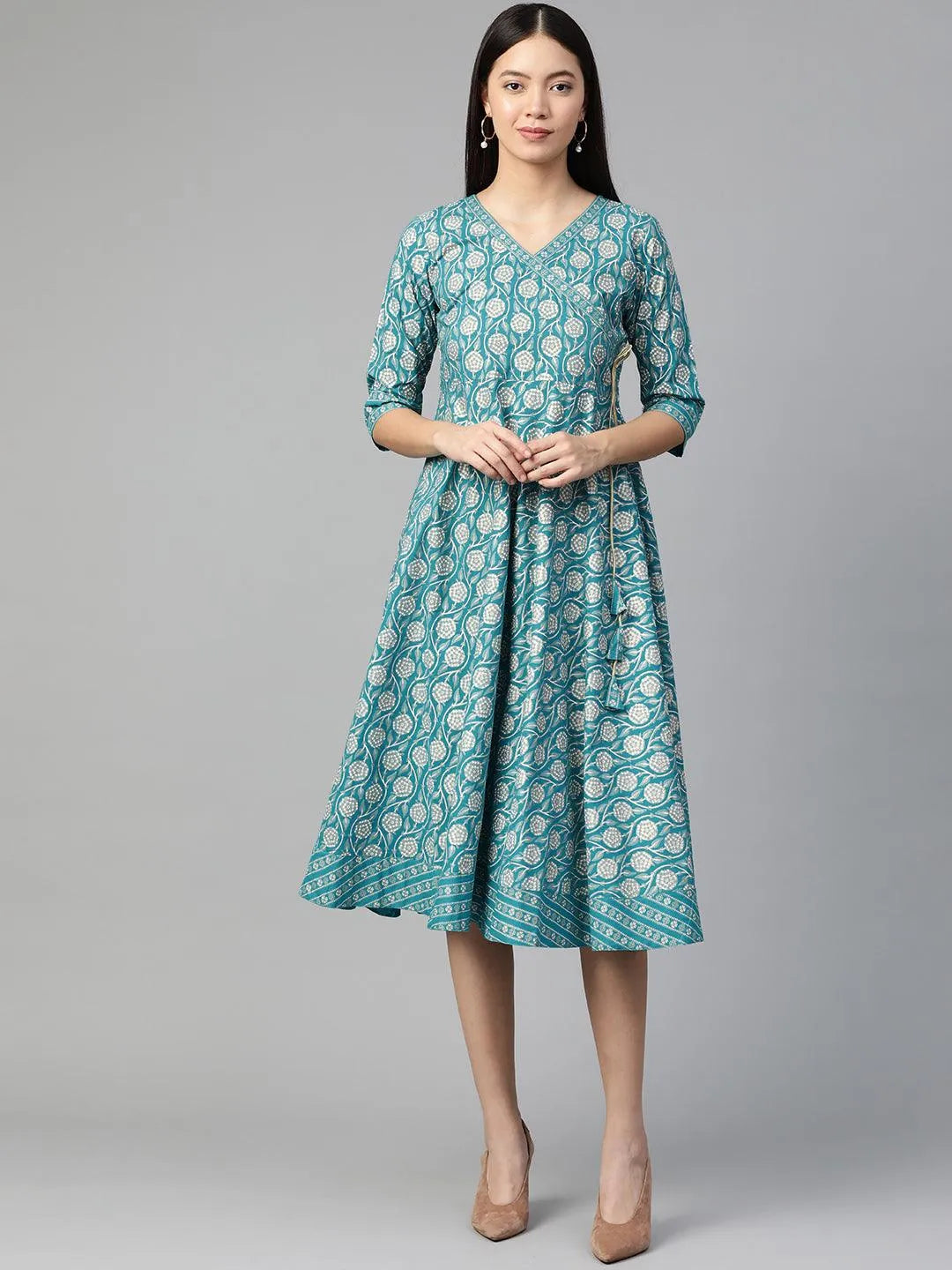 Blue Printed Cotton Dress - Libas 