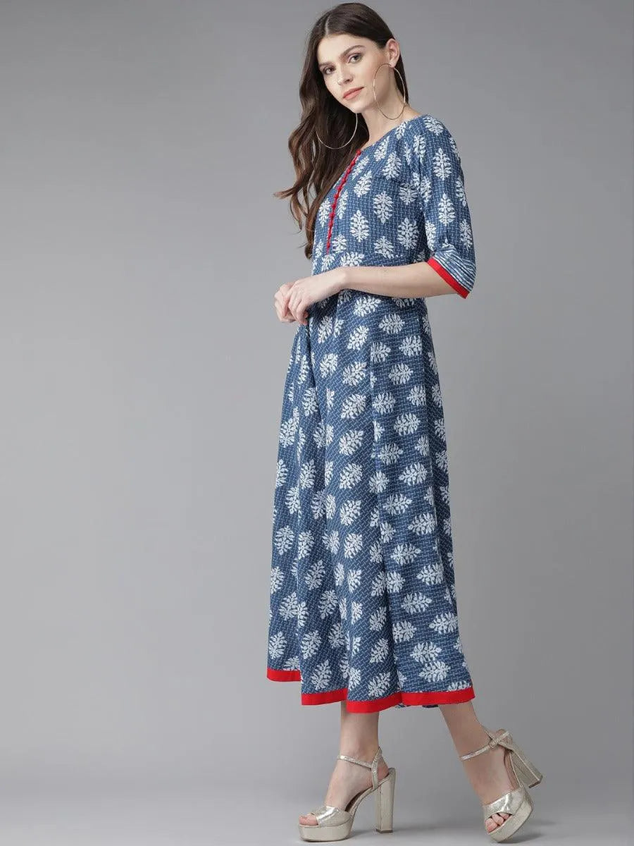 Blue Printed Cotton Dress - Libas 