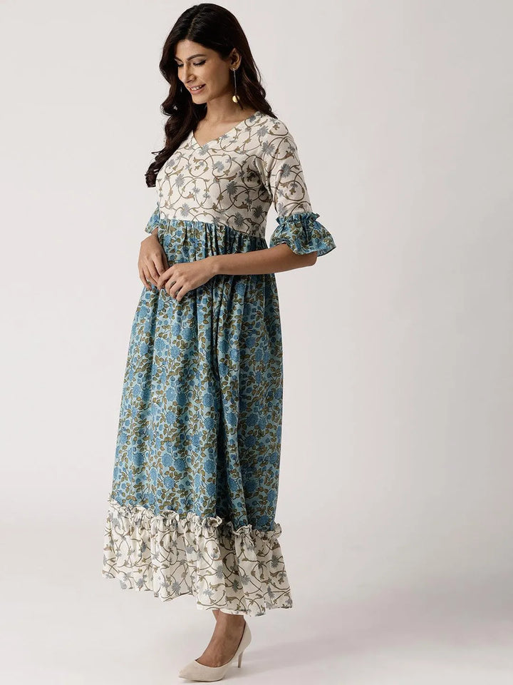 Blue Printed Cotton Dress - Libas