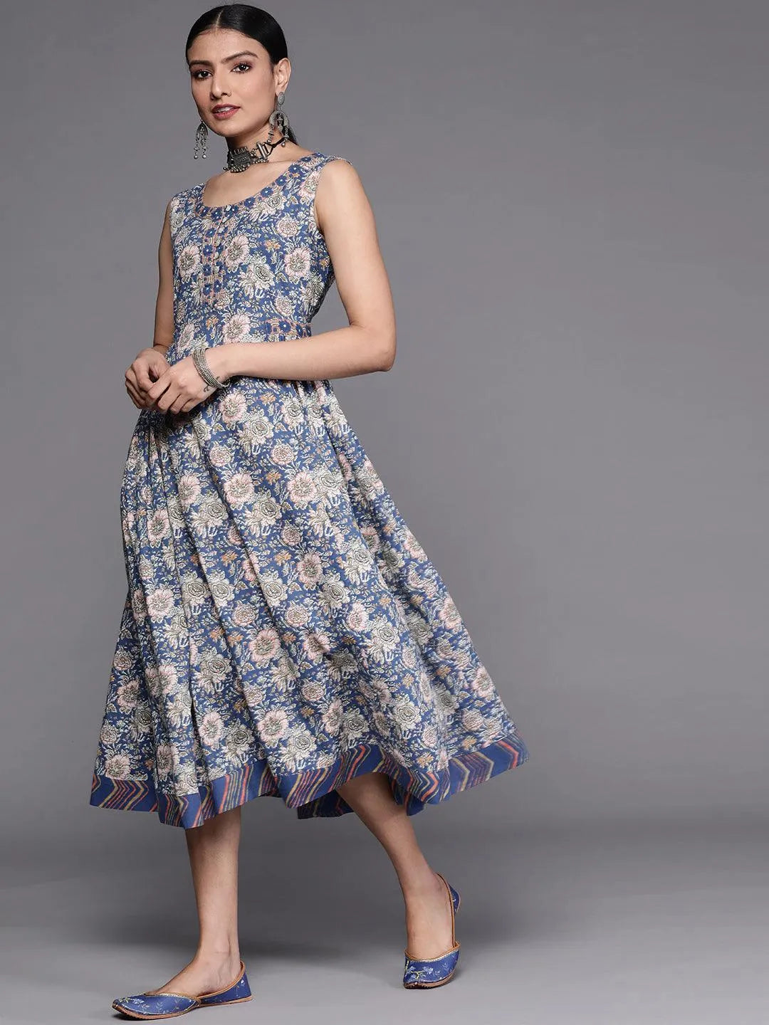 Blue Printed Cotton Dress - Libas 