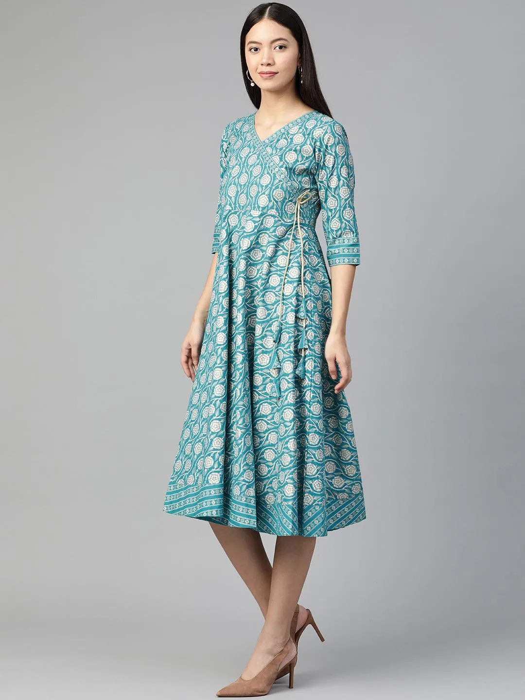 Blue Printed Cotton Dress - Libas 