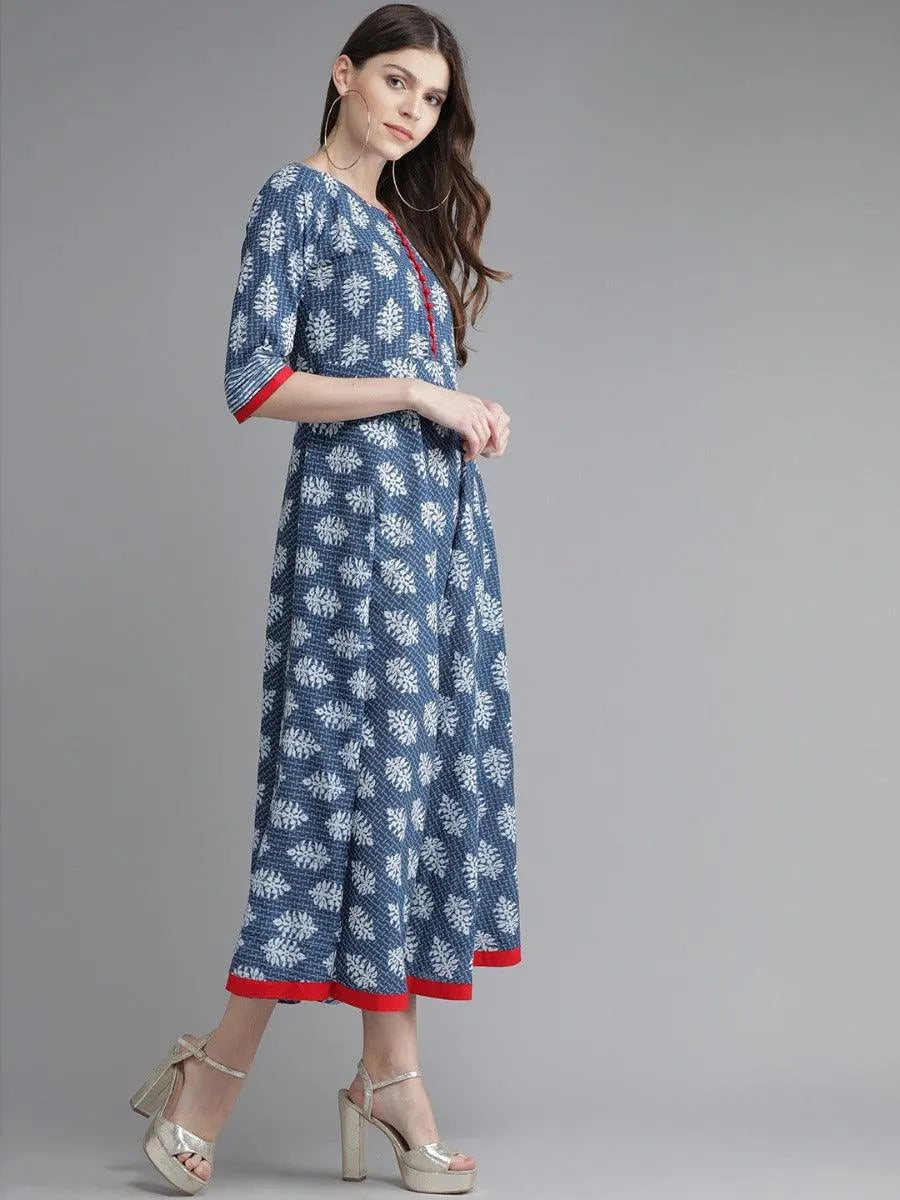 Blue Printed Cotton Dress - Libas 