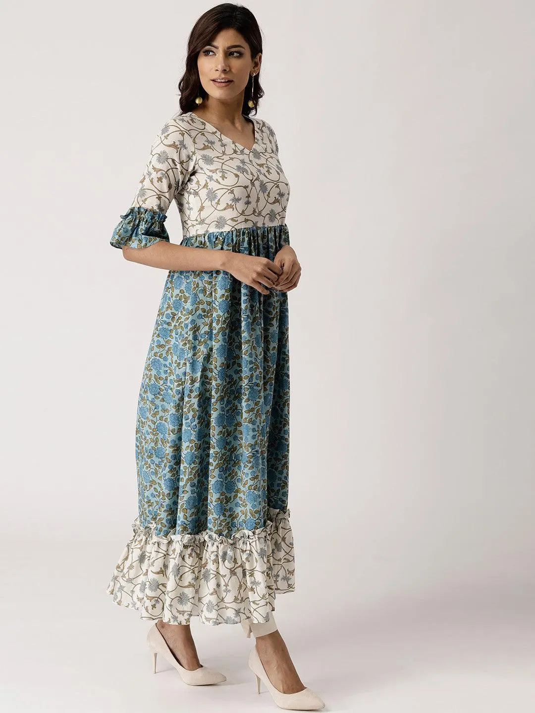 Blue Printed Cotton Dress - Libas