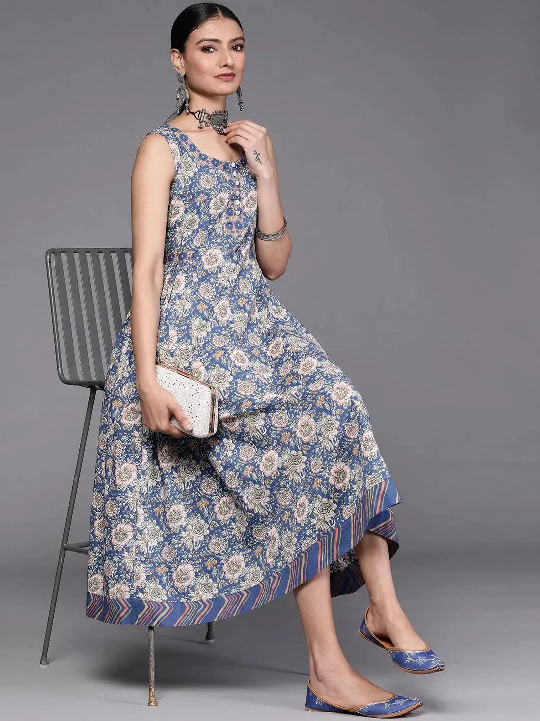 Blue Printed Cotton Dress - Libas 