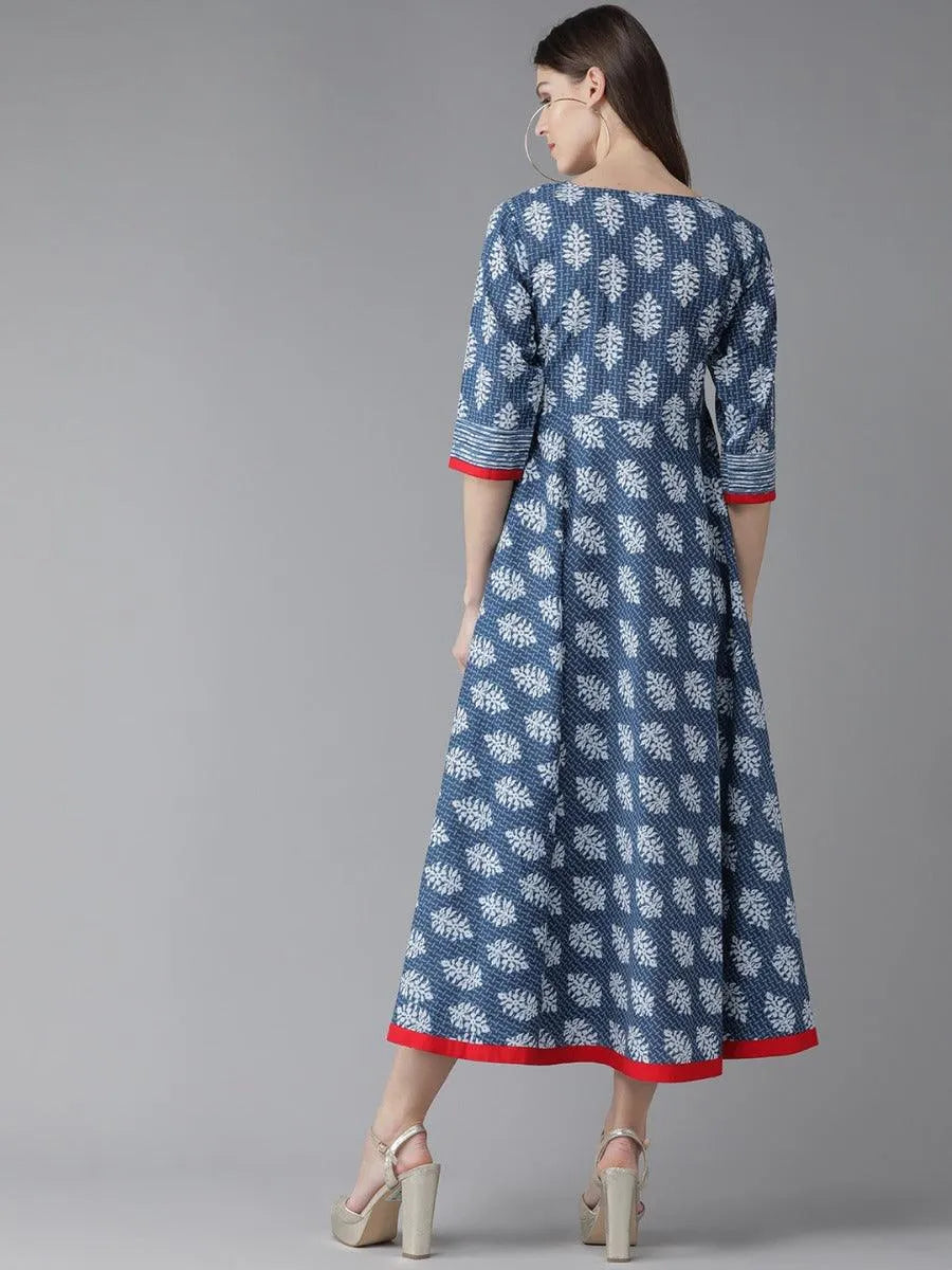 Blue Printed Cotton Dress - Libas 