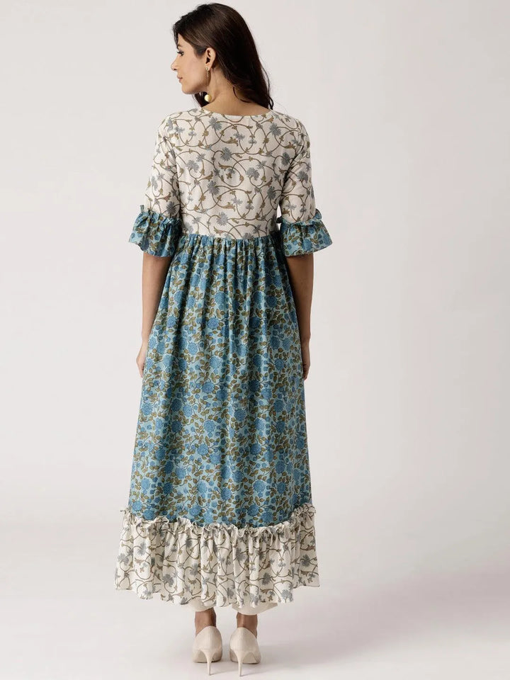 Blue Printed Cotton Dress - Libas