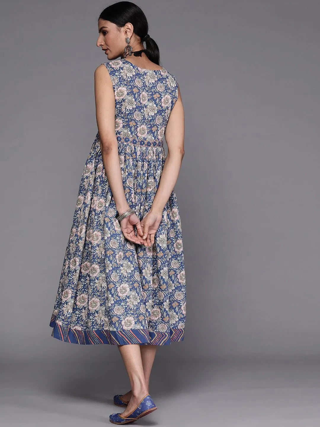 Blue Printed Cotton Dress - Libas 