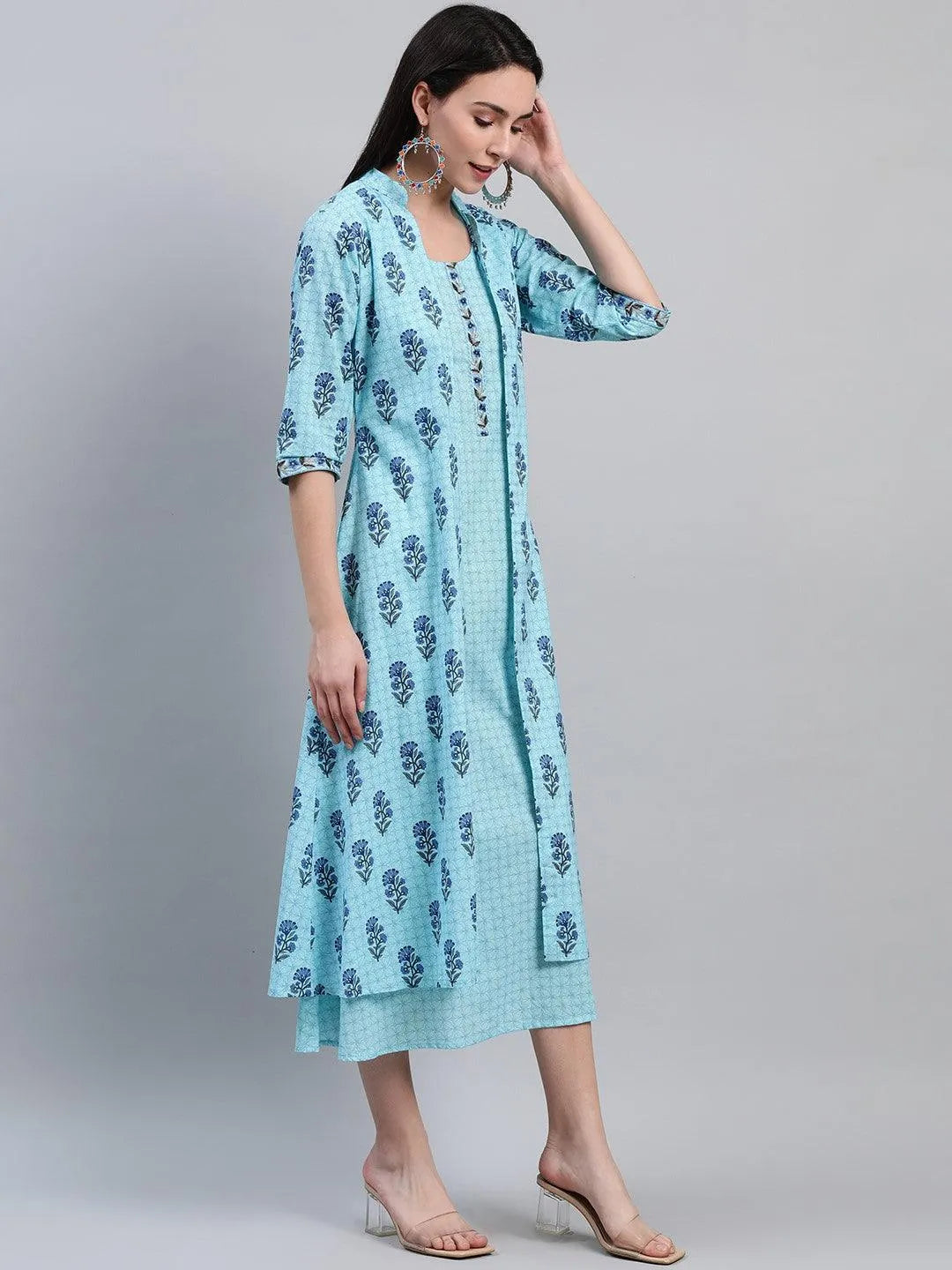 Blue Printed Cotton Dress With Jacket - Libas 