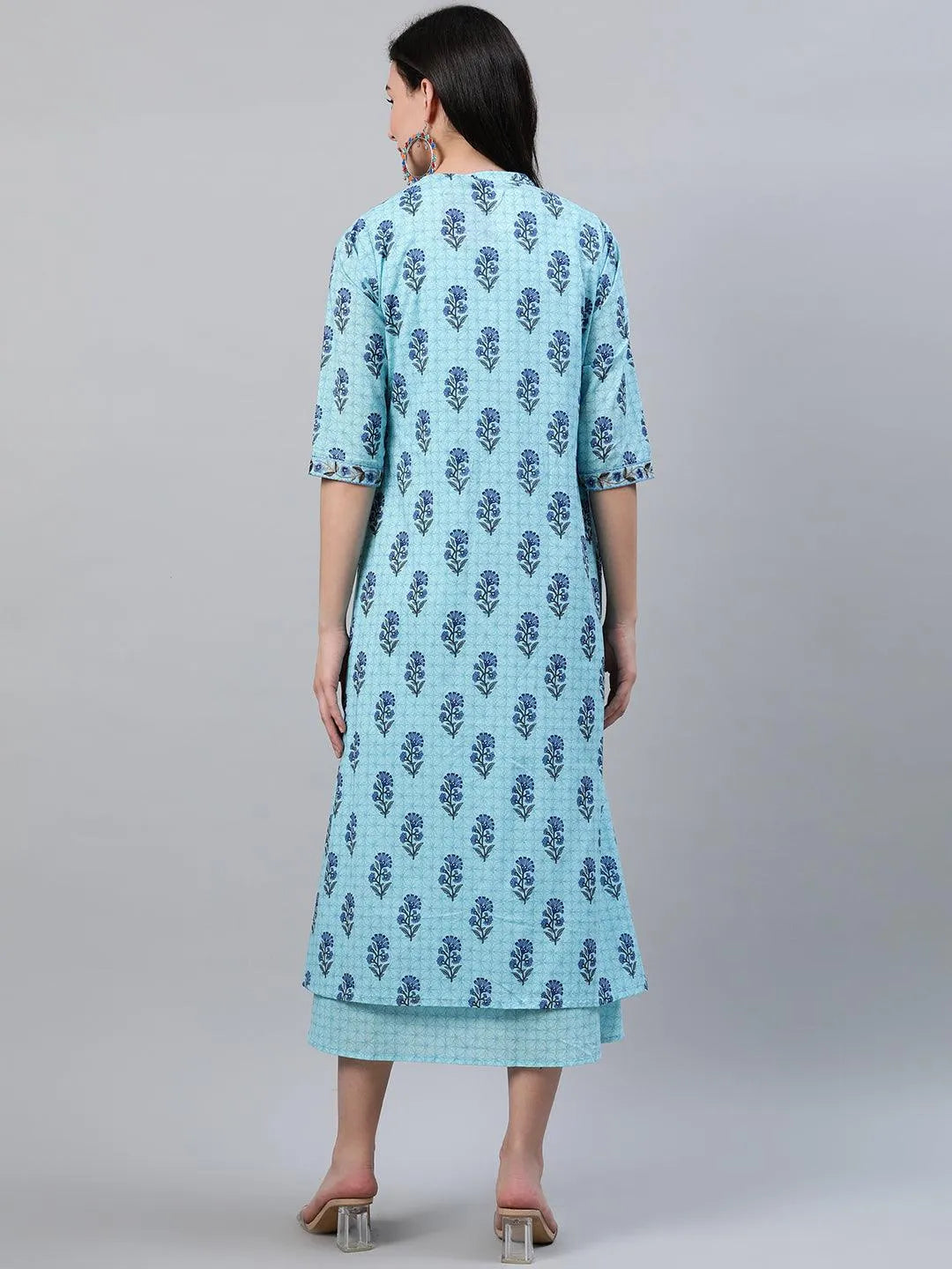 Blue Printed Cotton Dress With Jacket - Libas 