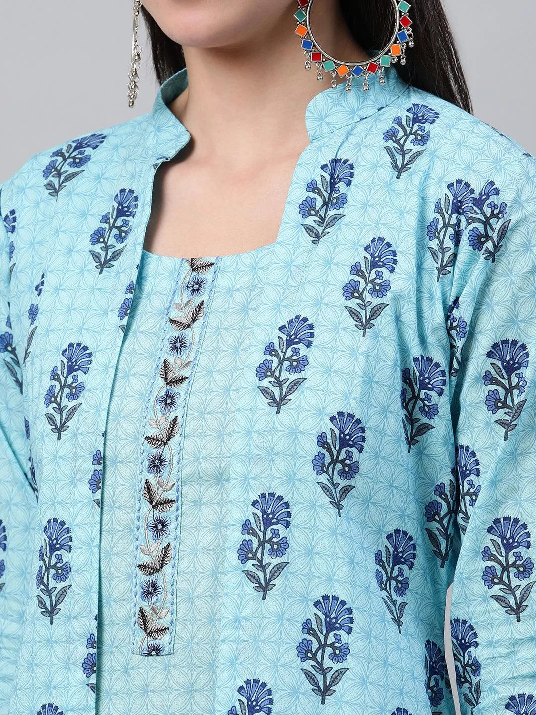 Blue Printed Cotton Dress With Jacket - Libas 