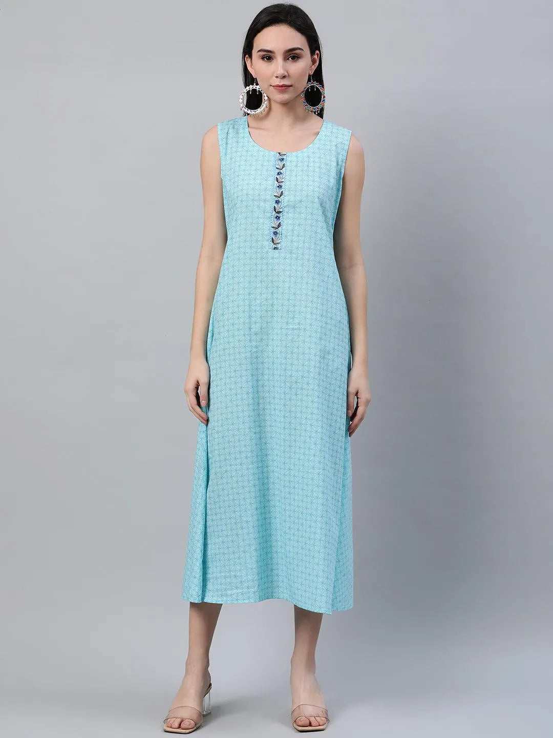 Blue Printed Cotton Dress With Jacket - Libas