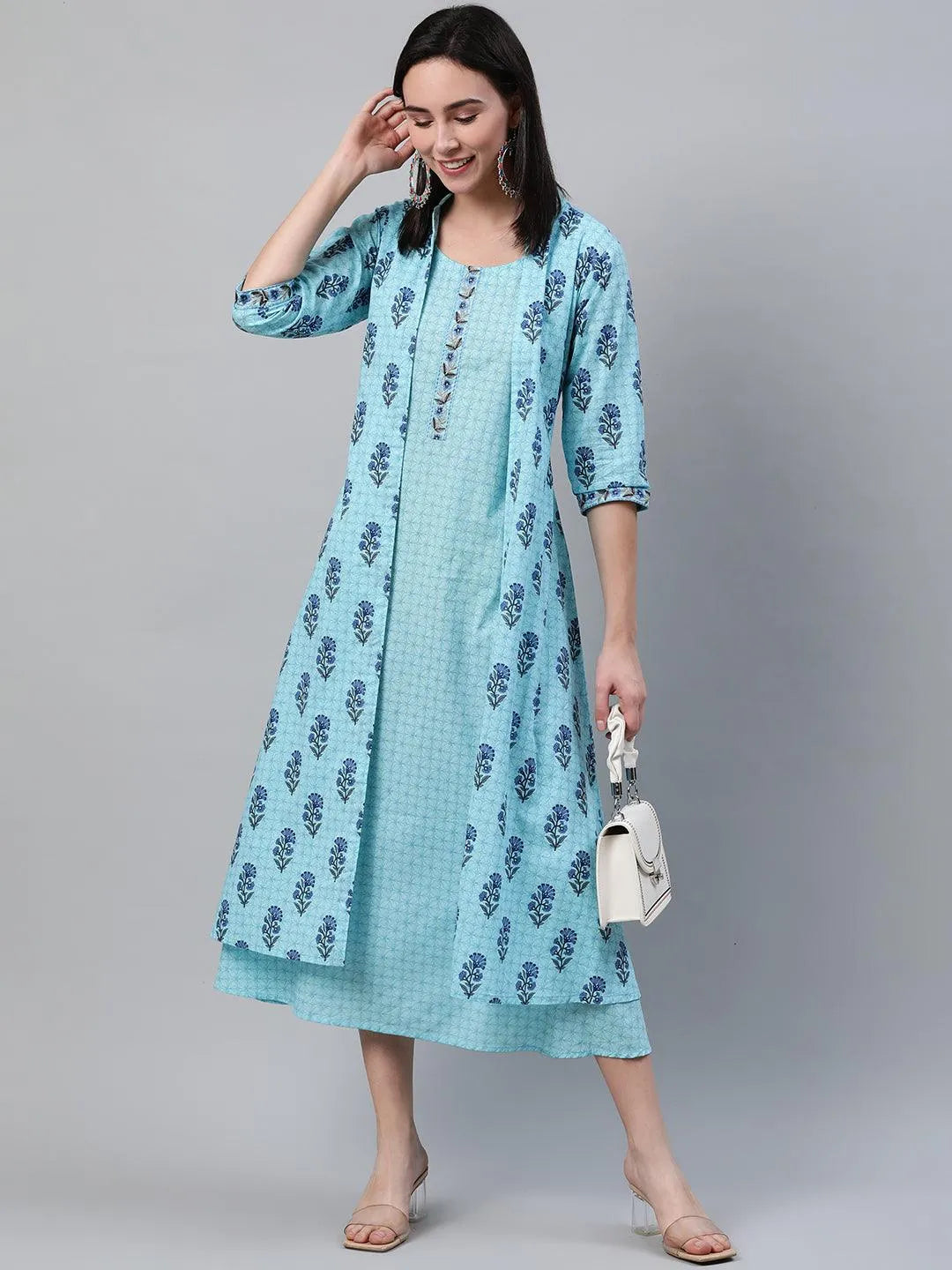 Blue Printed Cotton Dress With Jacket - Libas 