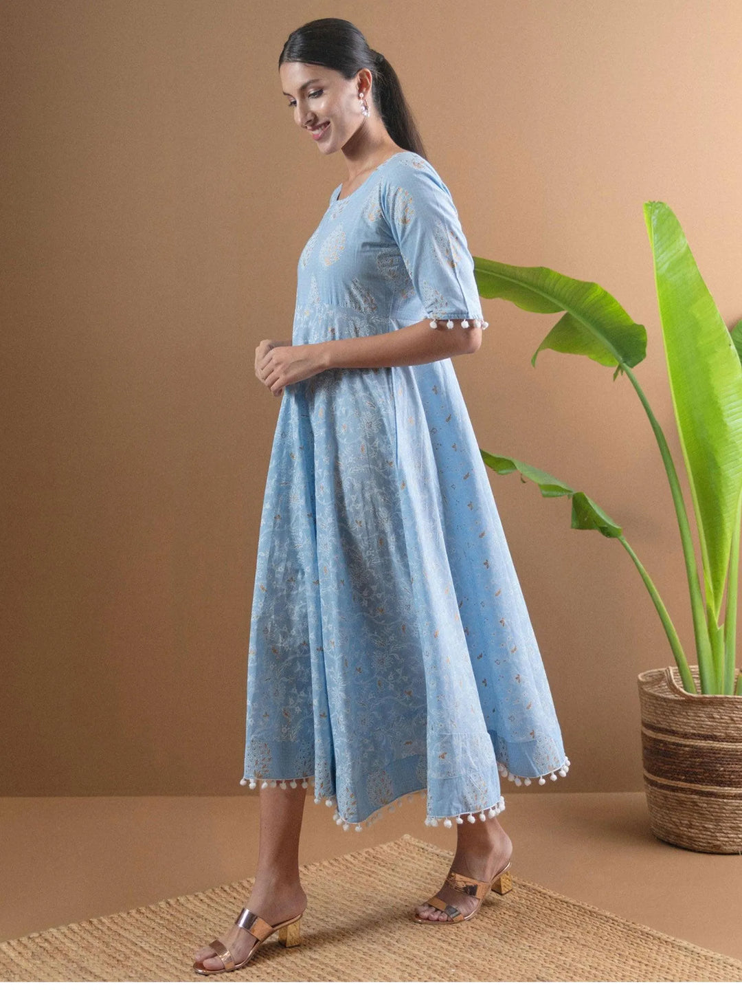 Blue Printed Cotton Dress With Mask - Libas 