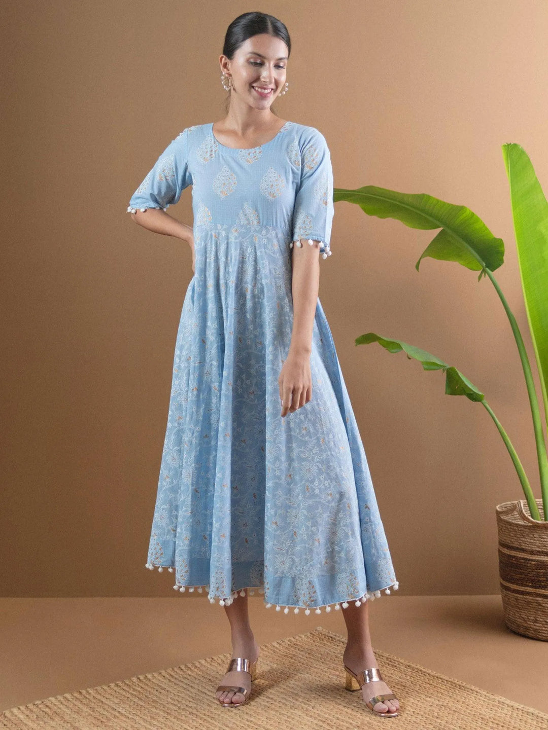 Blue Printed Cotton Dress With Mask - Libas 