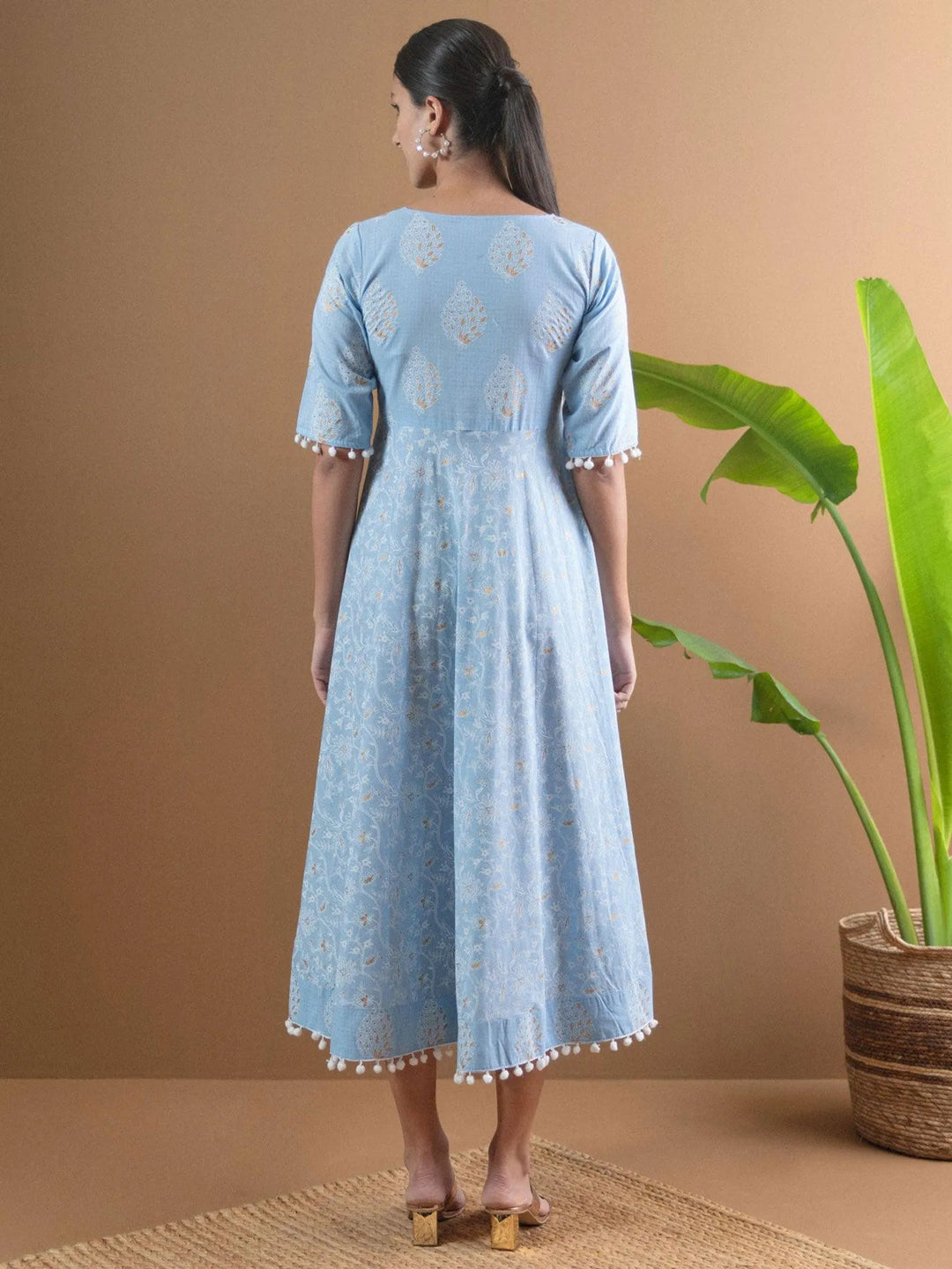 Blue Printed Cotton Dress With Mask - Libas 