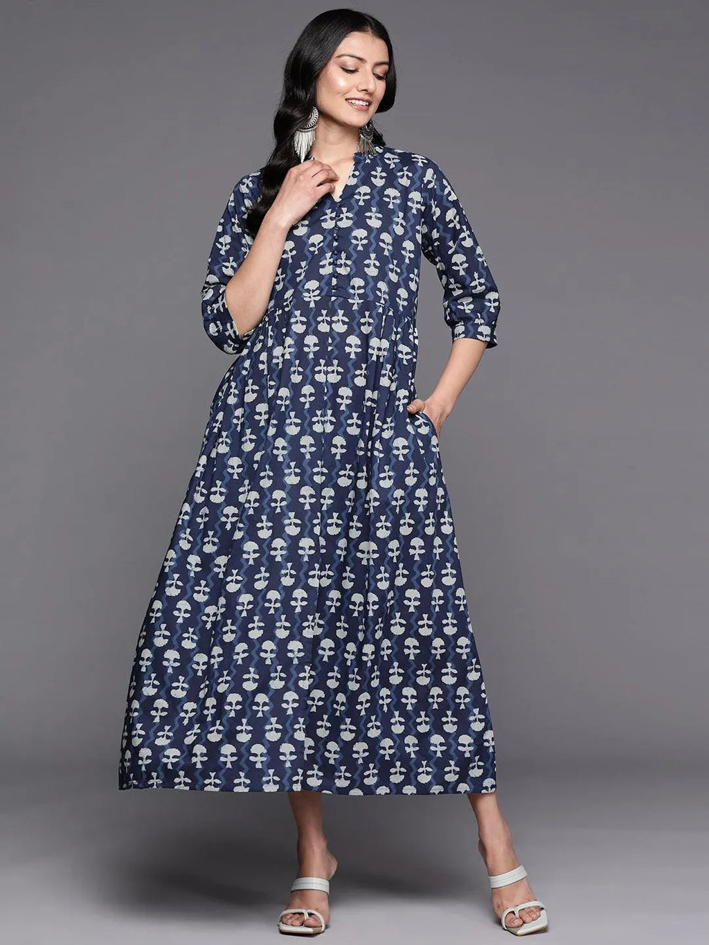 Beautifully printed blue long kurti with full flare and handwork