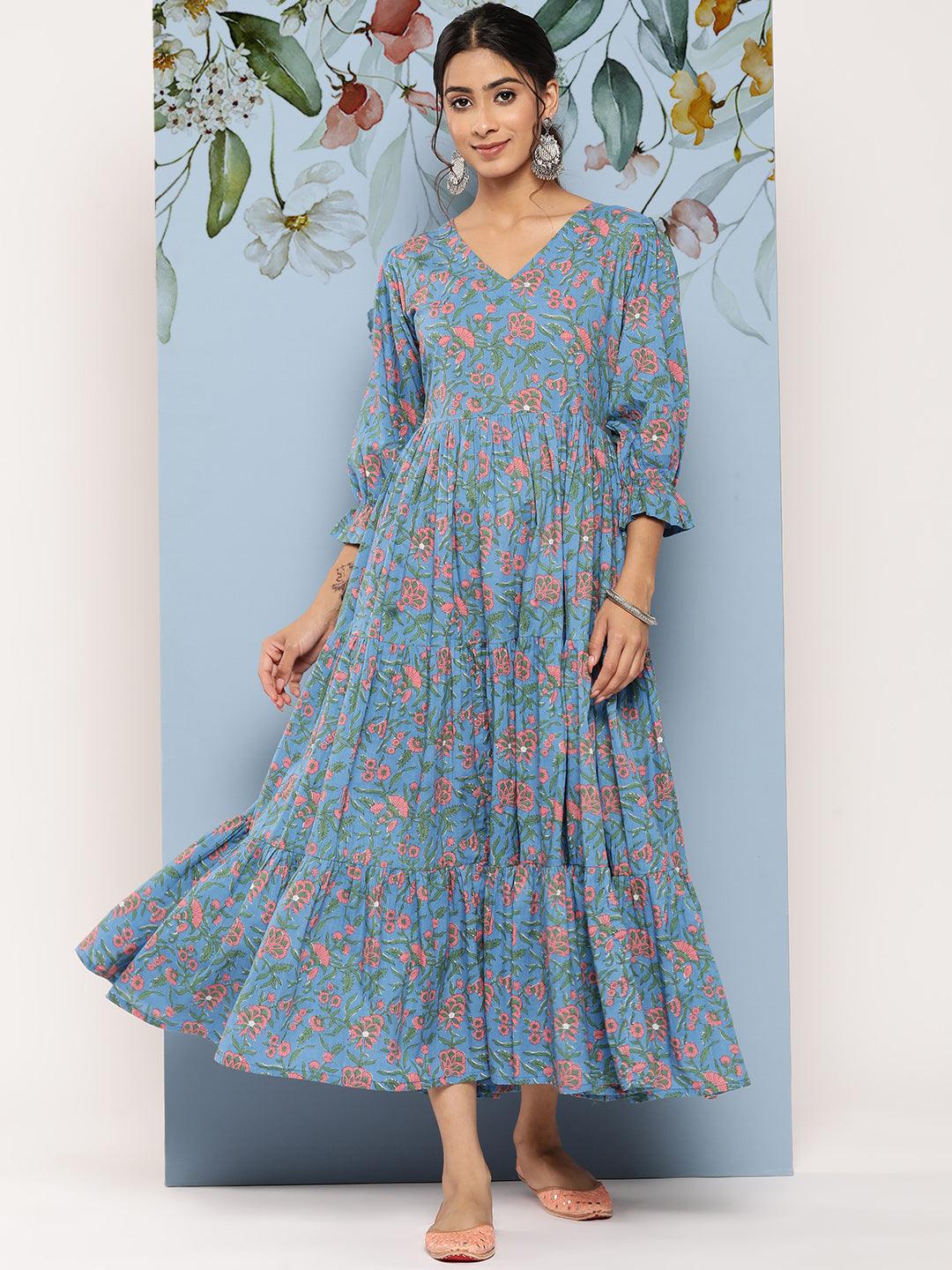 Blue Printed Cotton Fit and Flare Dress - Libas 